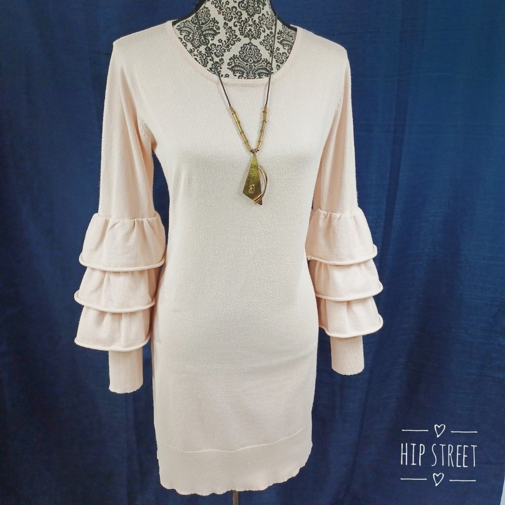 SOLUTIONS Ruffle Tier LS Fine Knit Sweater Dress S